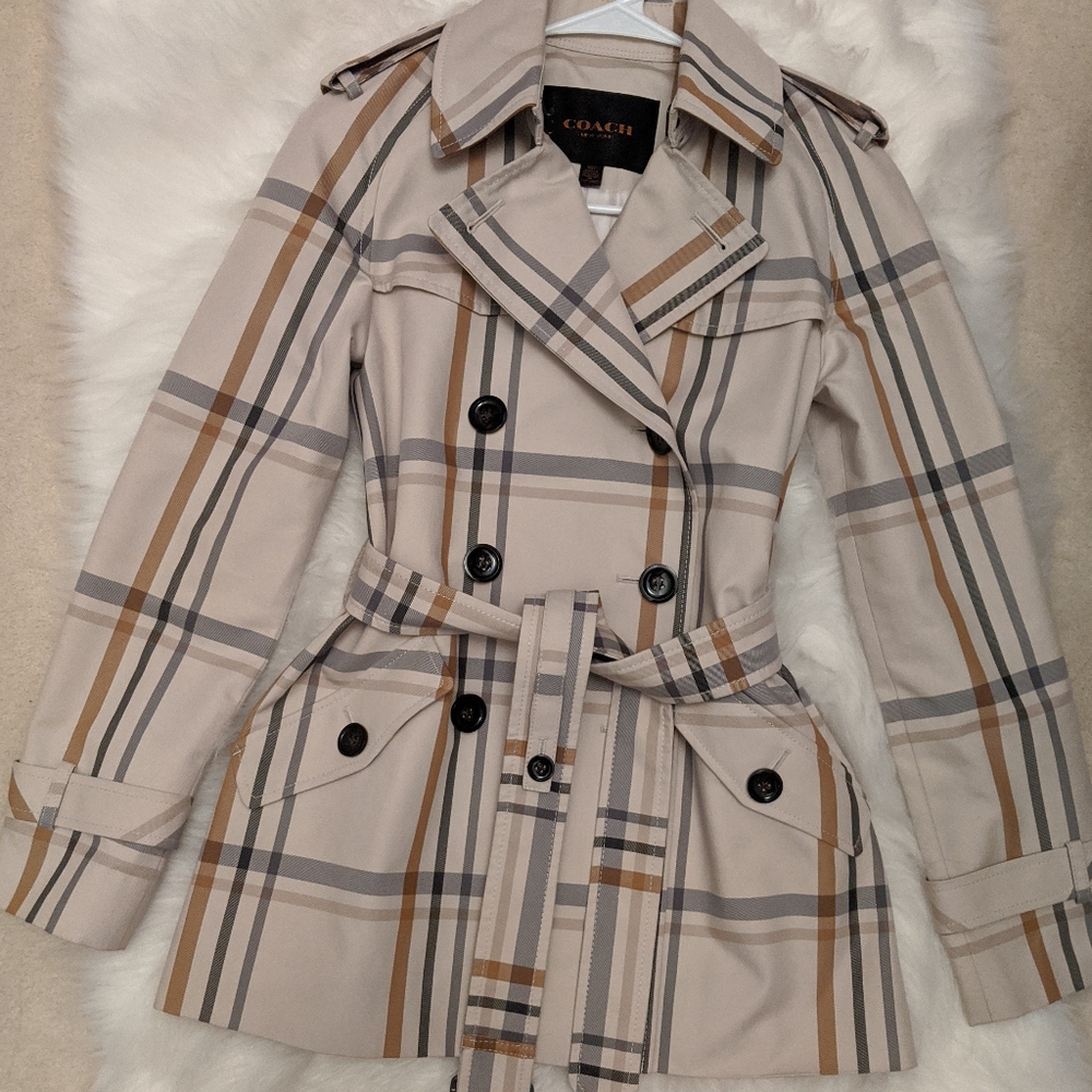 Coach Beige Plaid Double-Breasted Trench Coat